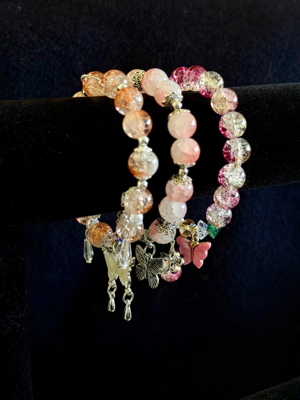 Handmade-style Pink & Peach Beaded Stretch Bracelet Set with Butterly Charms